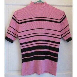 Worthington Essentials Womens Pink & Black Striped Ribbed Mock Neck Sweater Sz M